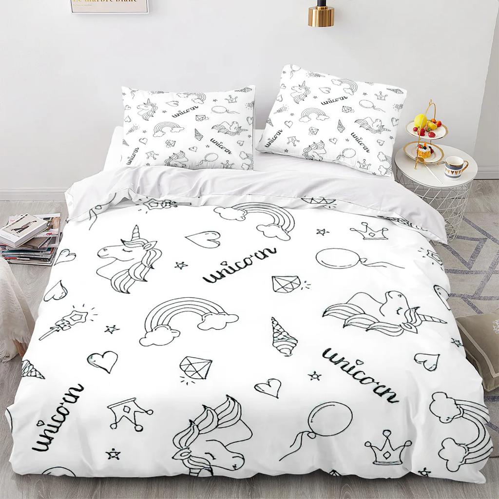 Poszwa na kołdrę Jednorożec King Queen Uroczy Biały Kreskówkowy Zwierzę Pościel Zestaw Dzieci Chłopcy Dziewczynka Zachodni Bajka Poliester Poszwa na kołdrę