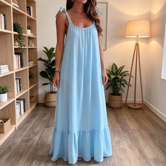 Women's Summer Casual Loose Dress Tie Shoulder Sleeveless Square Neck Maxi Dress A-Line Ruffle Flowy Beach Sundress