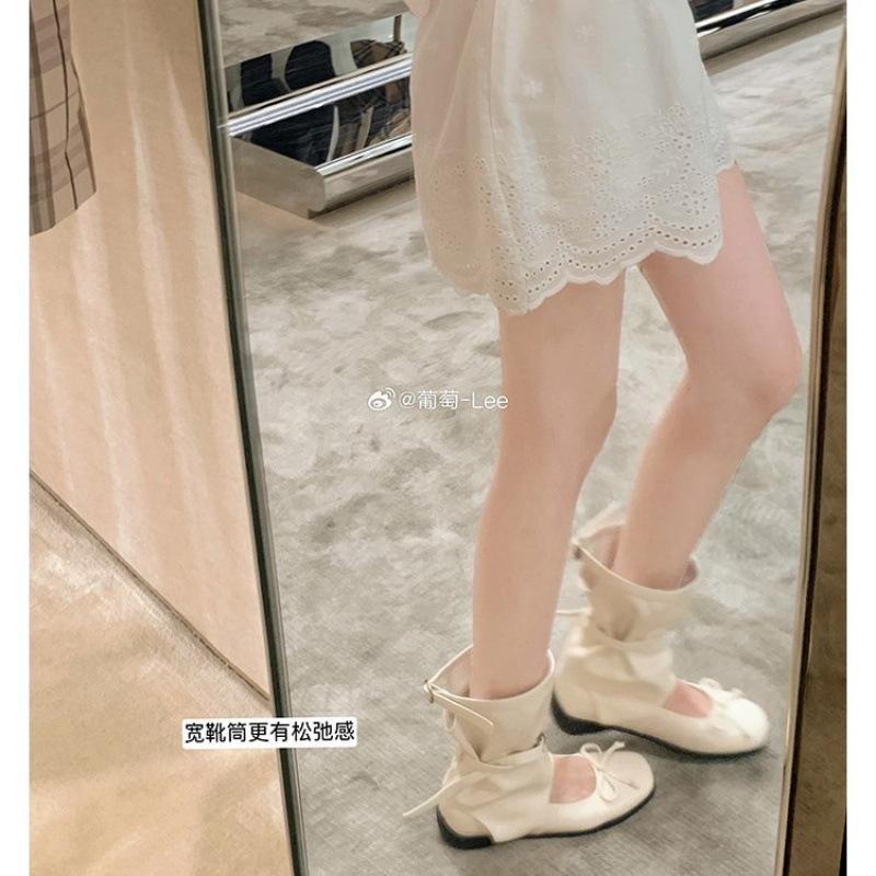 Lambskin heightening 5cm Maillard boots design sense round head bow cool boots ballet single shoes knight boots