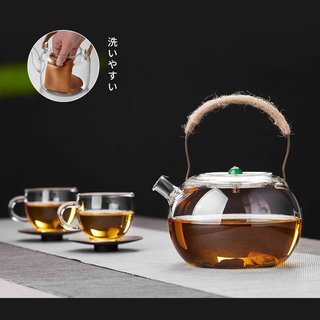 Pokaro Tea Heat-Resistant Glass Teapot, 1000ml, Stovetop-Safe, with Large Bead Design and Braided Hemp Handle, Stylish Japanese Teapot, Perfect Gift