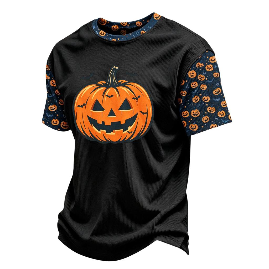 Herren Freizeit Corduroy Kurzarm Rundhals Leicht Atmungsaktiv T-Shirt mit Halloween Kürbis Print Design Bequeme Passform