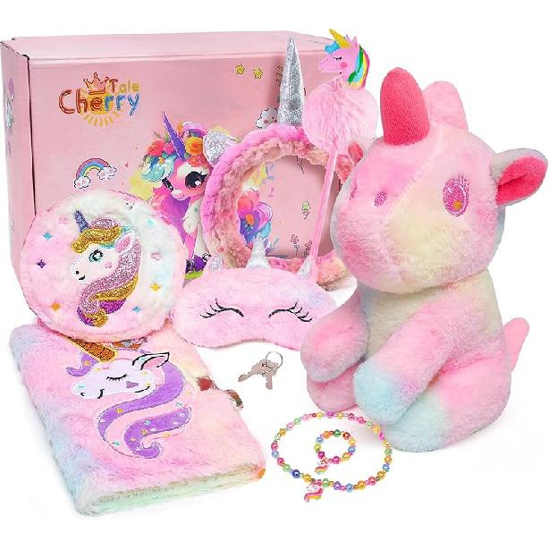 Cherry Tale Unicorn Gifts for Girls Age 6-8, Kids Unicorn Toys Set with Light Up Star Pillow Diary Headband Eye Mask Christmas Birthday Gifts for A: Plush Unicorn Set