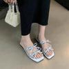 Fashion SUOJIALUN 2025 Summer New Brand Women Slipper Fashion Bow-knot Square Toe Slip On Ladies Slides Shoes Flat Heel Beach Sandal Sho