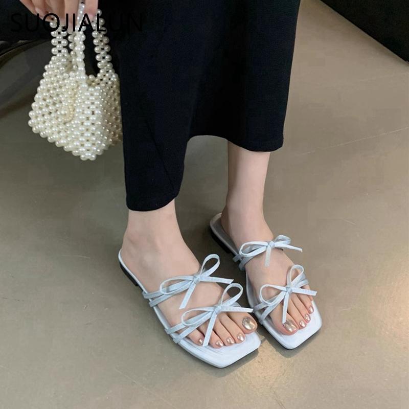 Fashion SUOJIALUN 2025 Summer New Brand Women Slipper Fashion Bow-knot Square Toe Slip On Ladies Slides Shoes Flat Heel Beach Sandal Sho