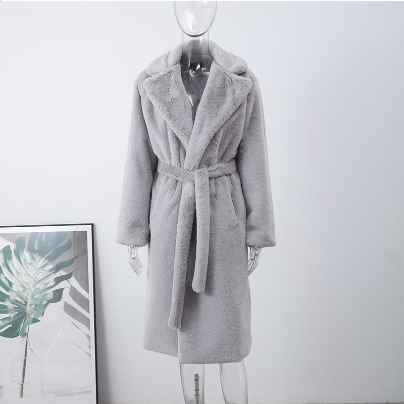 

Жіноче довге пухнасте пальто зі штучного хутра з потовщеним поясом, тепле жіноче плюшеве пальто з відкладним коміром, осінь-зима, модне жіноче пальто XXXL світло-сірий колір