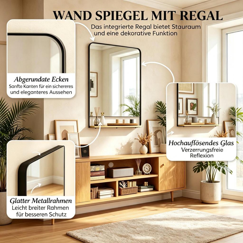 Rectangular Wall Mirror 80 x 60 cm, Modern Mirror with Metal Frame and Wood Elements for Living Room, Bathroom & Hallway (only with wall mirror)