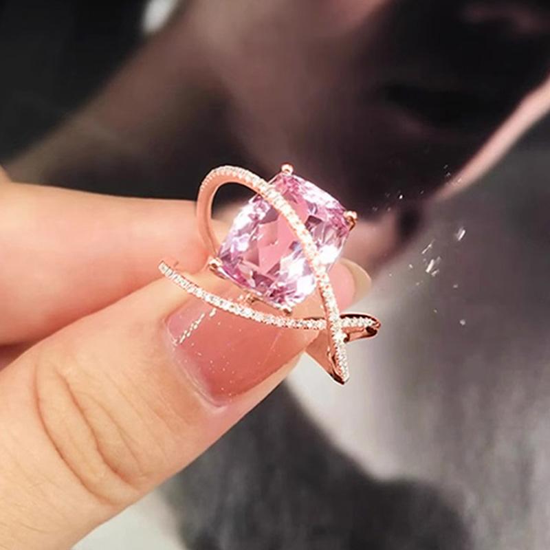 

Huitan New Arrival Fashion Design Ring Female Wedding Band Bright Pink Zirconia Finger Zircon Chic Accessories for Engagement 6