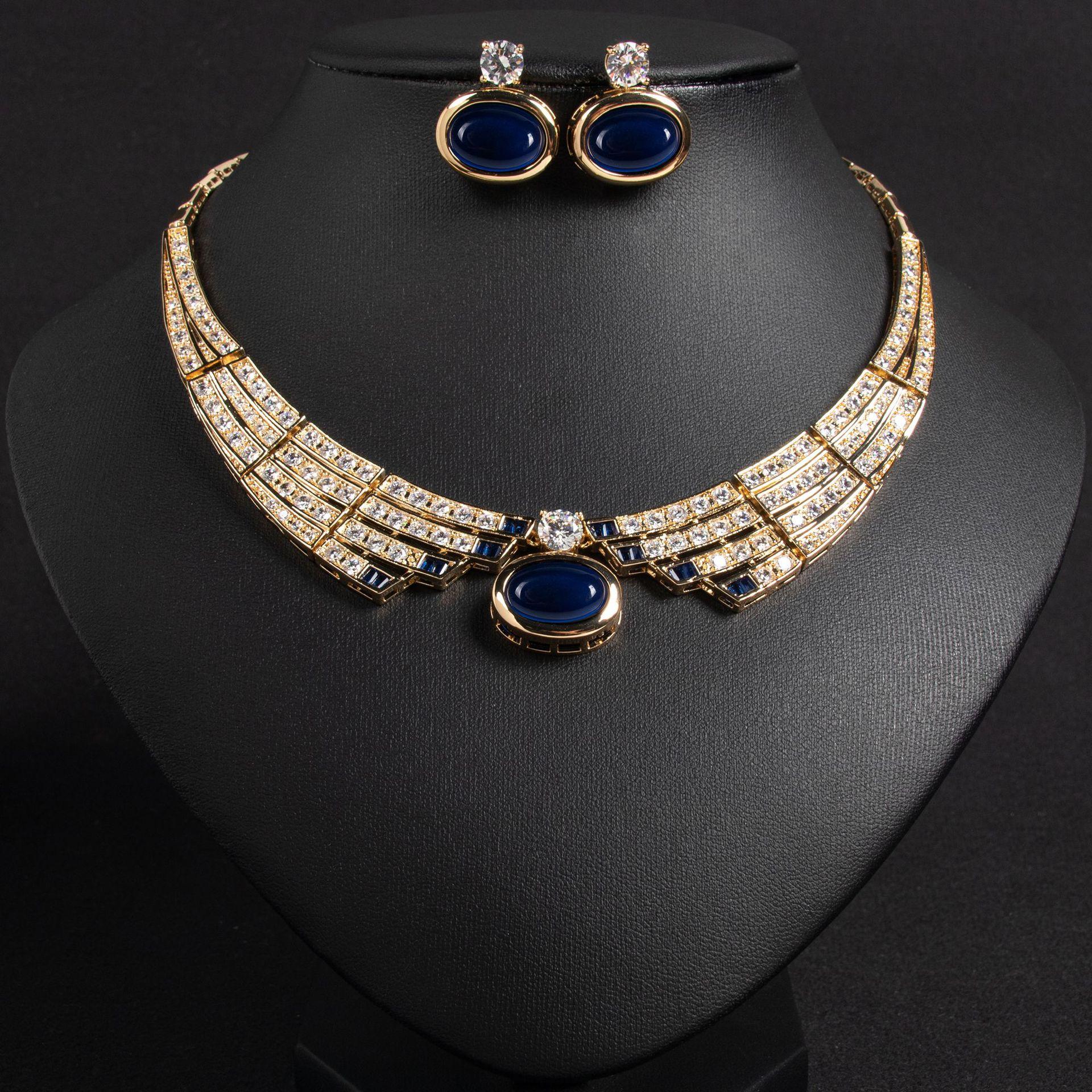 

2 Piece Jewellery Set Exquisite Luxury Ladies Necklace Earrings Dress Party Wedding Bridal Hundred Stunning Accessories M-371 resizable синій