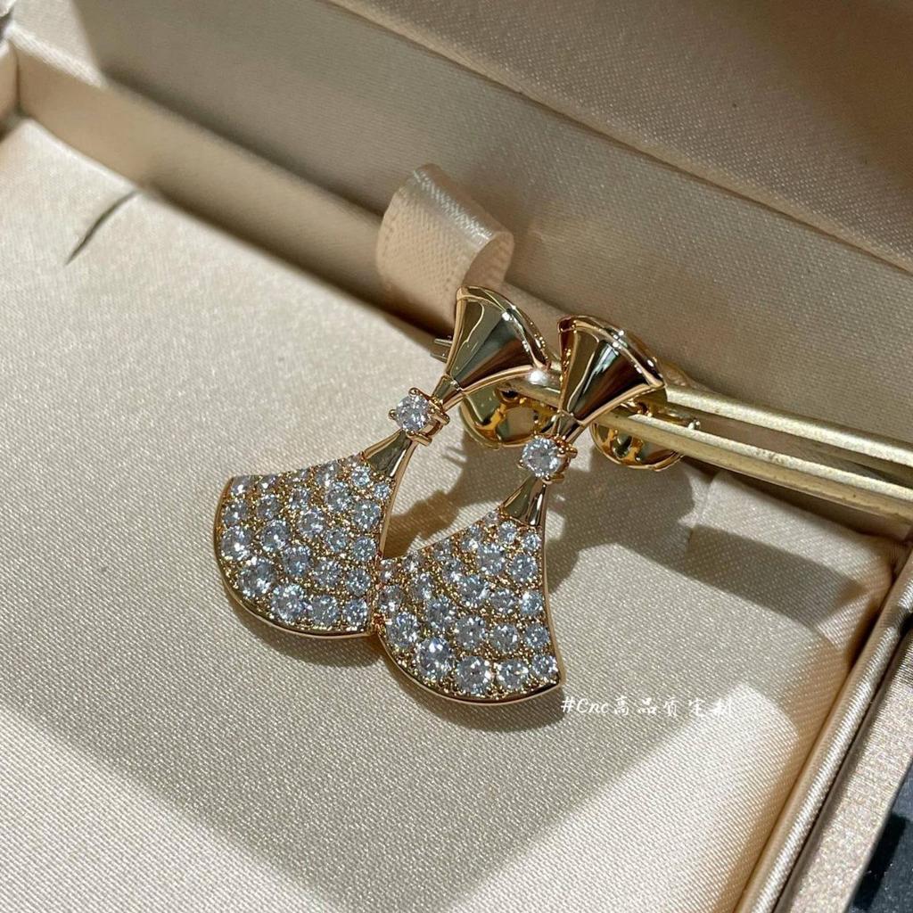 Full Diamond Skirt Stud Earrings Rose Gold White Gold Fan Diamond Earrings V Gold Electroplated 18K Gold