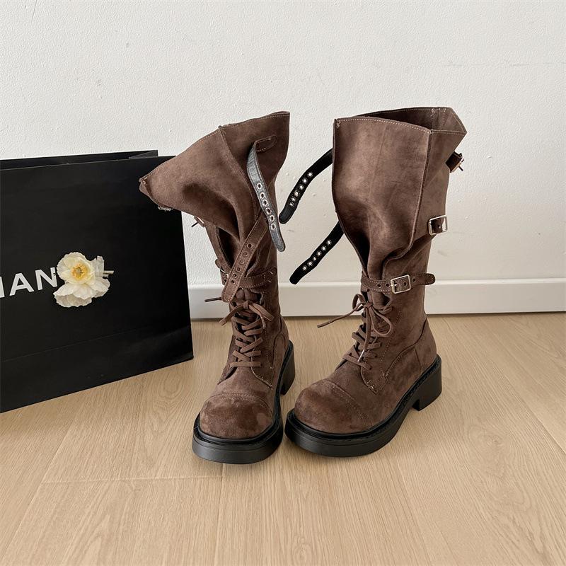 

Fashion western knight boots women s 2025 spring and summer new brown retro belt buckle lace-up British women s boots 40 темно-коричневого