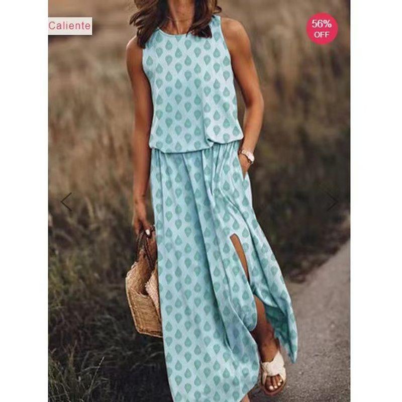 

2024 Cross-Border Summer New Arrival Amazon European and American Women s Clothing round Neck Sleeveless Dress Split Multi-Color Pure Color Dress Lake blue raindrops S