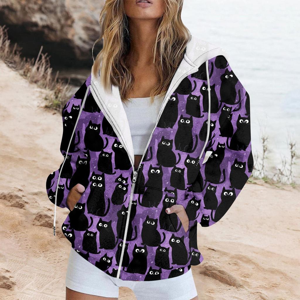 Women's Fashion Casual Halloween Printed Sweatshirt Long Sleeve With Pocket Cardigan Jacket Zipper Hoodie Coat