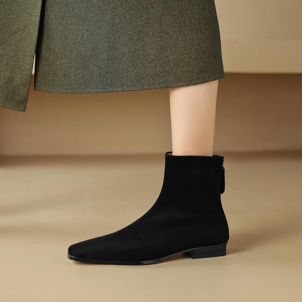 Krazing Pot Sheep Suede Nubuck Autumn Winter Shoes Low Heels Size 43 Modern Boots Square Toe Zipper Retro Ankle Boots
