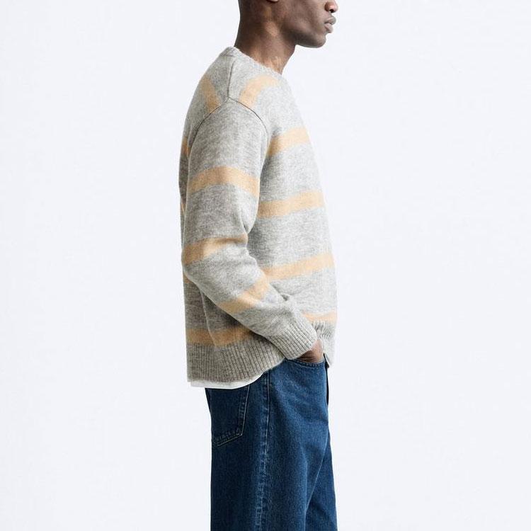 Zara Fashionable Versatile Striped Jacquard Knit Sweater Men sweater Gray 7140404-803