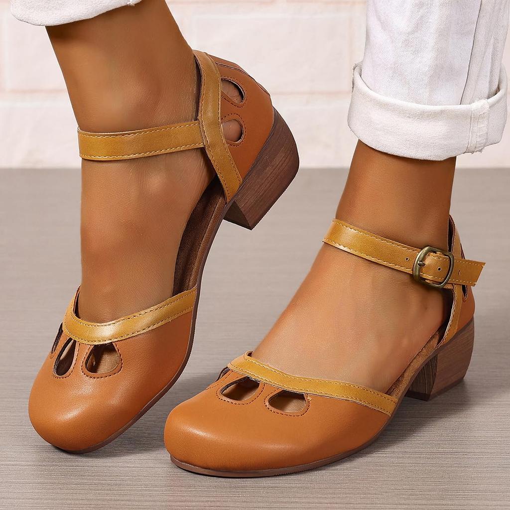 Women Vintage Chunky High Heel Mary Shoes Round Closed Toe Strap Buckle Dress Sandals Mary Pumps