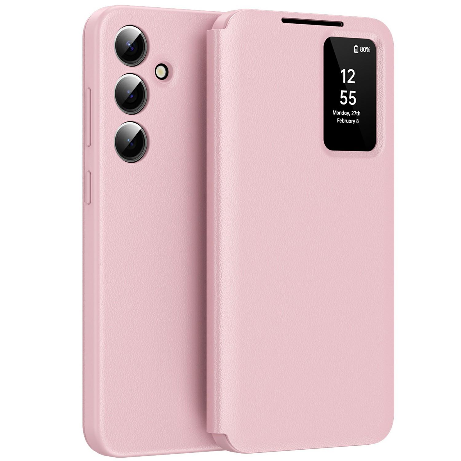 

For Samsung Galaxy A56 5G Case with Card Holder Smart View Window Leather Phone Cover Pink