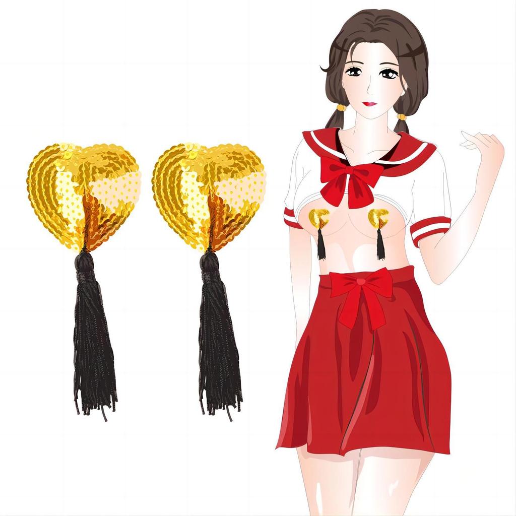 Guillotine Heart Sequin Nipple Pasties with Tassels - Adult Erotic Accessory
