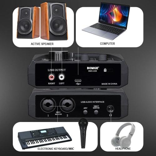 BOMGE Mini 2-Channel USB Audio Interface for Recording, Streaming, and Podcasting with XLR/48V Phantom Power, Studio-Quality Audio Interface for Guita