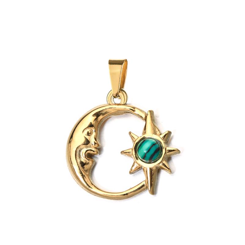 European Retro Sun and Moon Stainless Steel Pendant with Semi-Precious Stone Charm for Women.