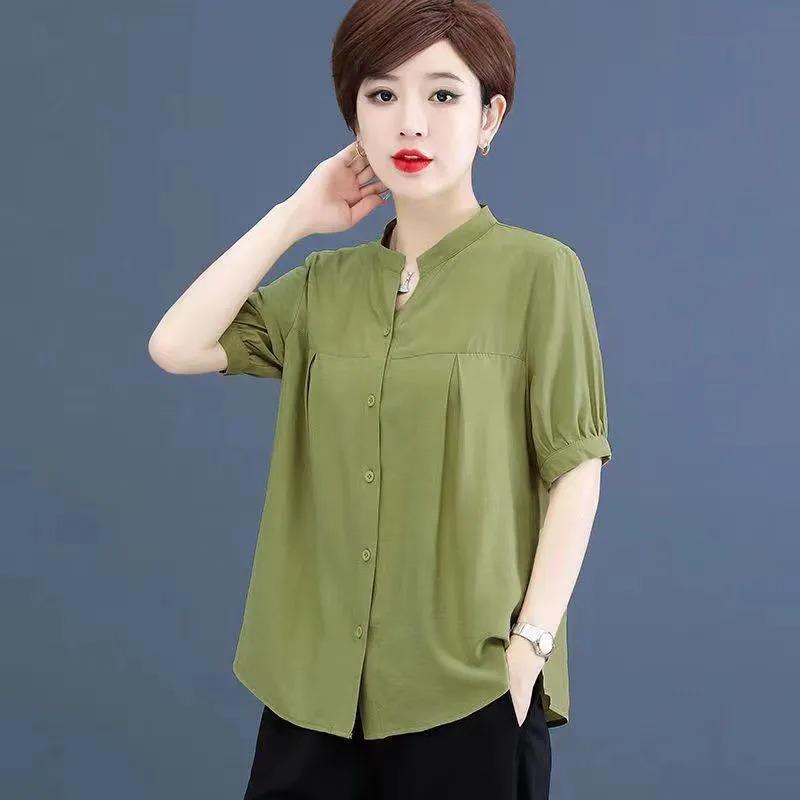 Women Stand Collar Short Sleeve Button Down Shirt Pleated Front Casual Blouse