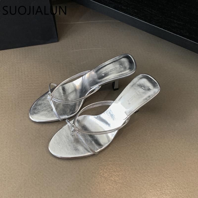 Mode SUOJIALUN 2025 Sommer Neu Damen Slipper Mode Schmaler Riemen Damen Elegant Sandalen Schuhe Dünner Hoher Absatz Kleid Slipper Flip Flop