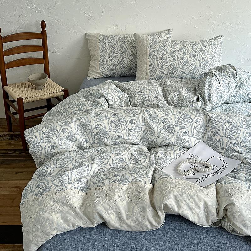 4pcs Vintage Lace Style Bedding Set Nordic Floral Duvet Cover Set Flat Sheet Twin Double Size Bed Sheet Set For Bedroom Decor