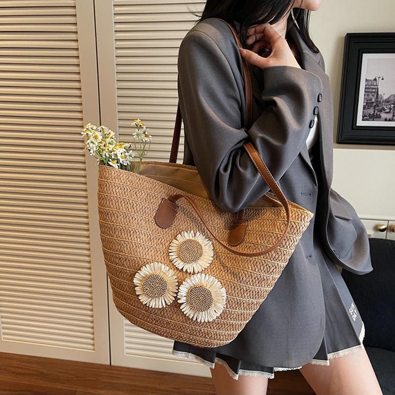 Yogodlns Damen Sommer Stroh Gewebt Große Kapazität Korb Schultertasche Handtaschen Mode Floral Dekor Luxus Designer Strand Bali Shopper Totes