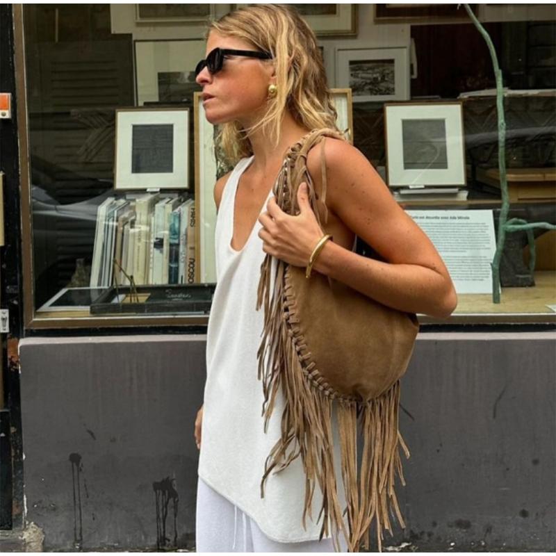 Tassel Large Crescent Tote Bag Trendy Green Brown Casual Simple Crossbody Brand Designer Luxury Suede Retro Dumpling Shoulde Bag