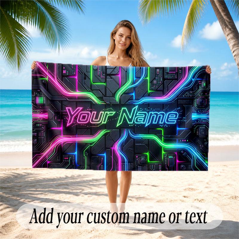 City Cyberpunk Theme Soft Beach Towel Personalized Custom Name Text Towel Portable for Beach Pool Travel