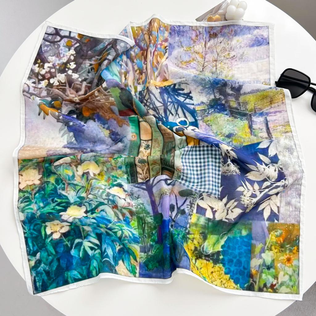 New spring and summer light and breathable 61 * 61cm square scarf versatile printed mulberry silk cotton blended women's silk scarf