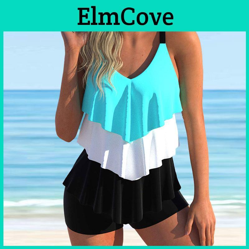 Swimsuit With Shoulder Strap Womens Three Colors And Three Layers Of Printed Bikini Short Tank Top Swimsuit