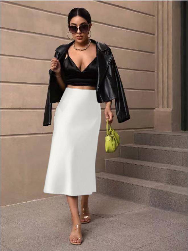 Jesienna satynowa spódnica midi z rybim ogonem - Nowa europejska i amerykańska moda damska