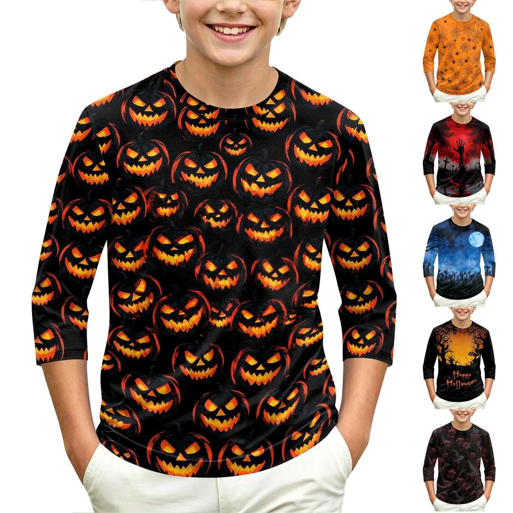Children's Halloween Print Round Neck Three-Quarter Sleeve Top for Casual Everyday Wear