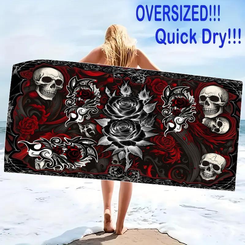 Gotischer Totenkopf Aufdruck Strandtuch, Großes Weiches Schnelltrocknendes Handtuch für Strand Camping Schwimmen