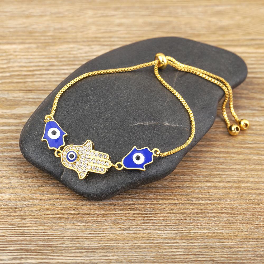 Nidin Charm Dark Blue/Light Blue Color Turkish Evil Eye Bracelets for Women Snake Chain Fatima Adjustable Palm Bangle Jewelry