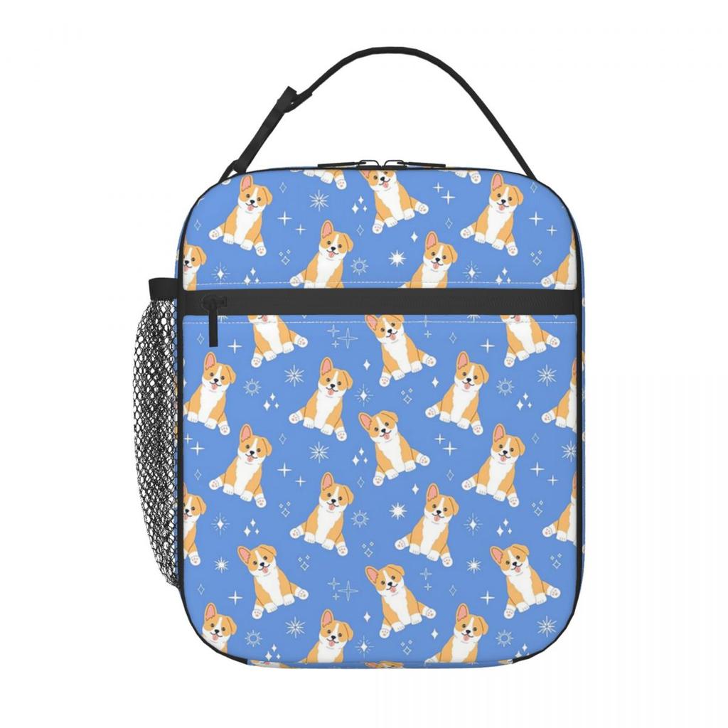 Blue Background Cute Cartoon Corgi Insulated Lunch Bag for Women Children Leakproof Food Boxes Thermal Lunch Box Tote