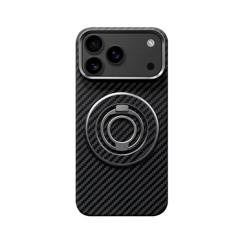 True Aramid Carbon Fiber Pattern Business Phone Case For IPhone 17 Pro Max Air Enhanced For MagSafe Ring Holder Protective Cover