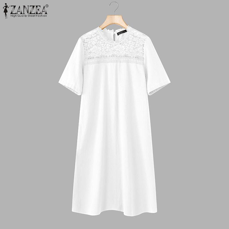 ZANZEA Abito Tunica Casual Vintage da Donna con Scollo Rotondo e Maniche Corte con Patchwork di Pizzo