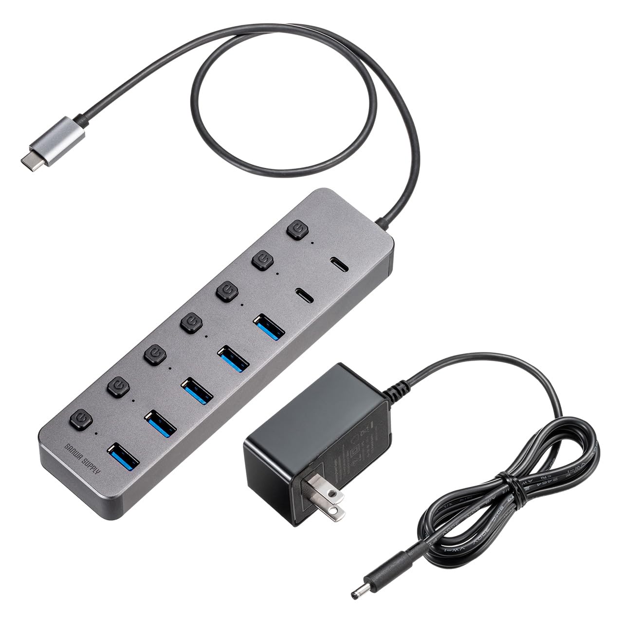 

Sanwa Direct USB 7 Ports x 5 x USB Individual USB AC Adapter Hub, Type-C Connection, (2 USB-C / USB-A), Self-Powered Charger, Switches, 3.2/5Gbps,