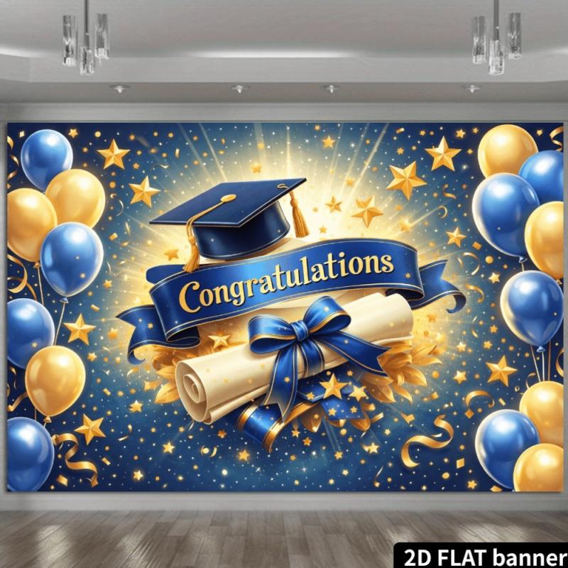 Graduation Tapestry Blue Gold Starlight Bow Theme Wall Hanging, 2D Flat Scroll Leaf Print Party Backdrop Home Decor