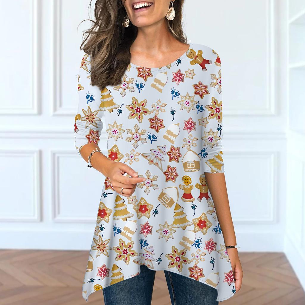 Damen Frühling Rundhals Bunt Weihnachtsbaum Print Oberteile Mode Langarm Unregelmäßiger Saum T-Shirt Oberteile