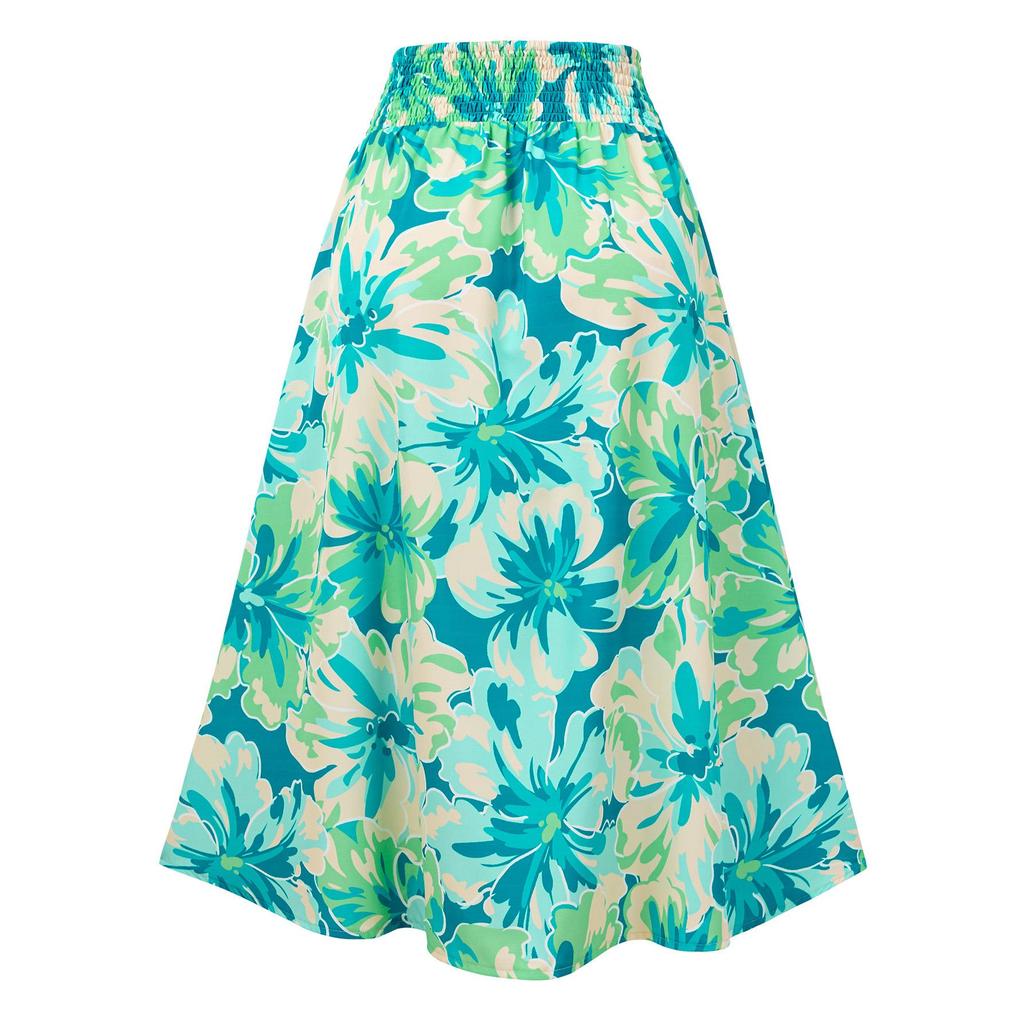 Women Spring Floral Print Skirt Summer Casual A-Line High Waist Middle Long Split Skirts S-XL