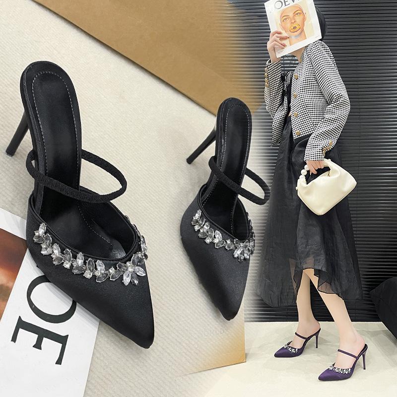 Baotou high-heeled cool slippers for women's outer wear 2025 foreign trade new pointed rhinestone thin heel with thin heel cool slippers