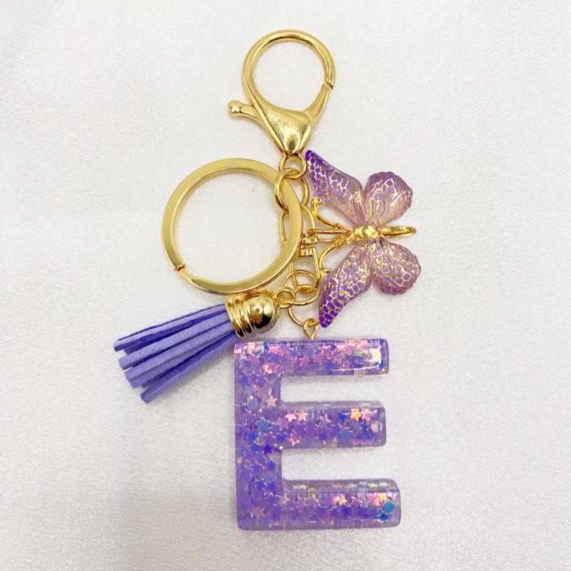 26-Letter Alphabet Resin Keychain with Star Sequins & Tassel Charm