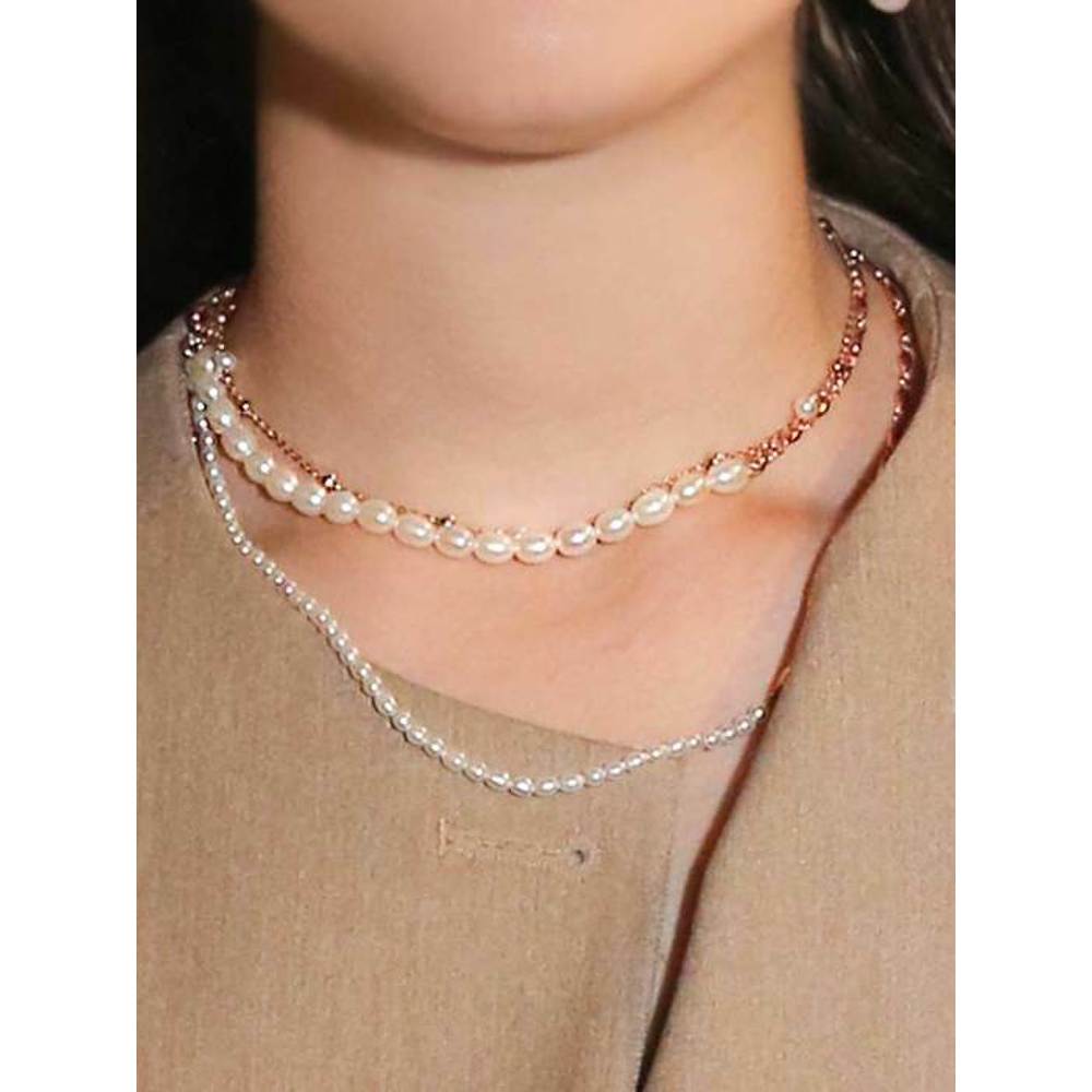 925 Silver + Rose Gold White Natural Pearl Small Symbol Chain Necklace