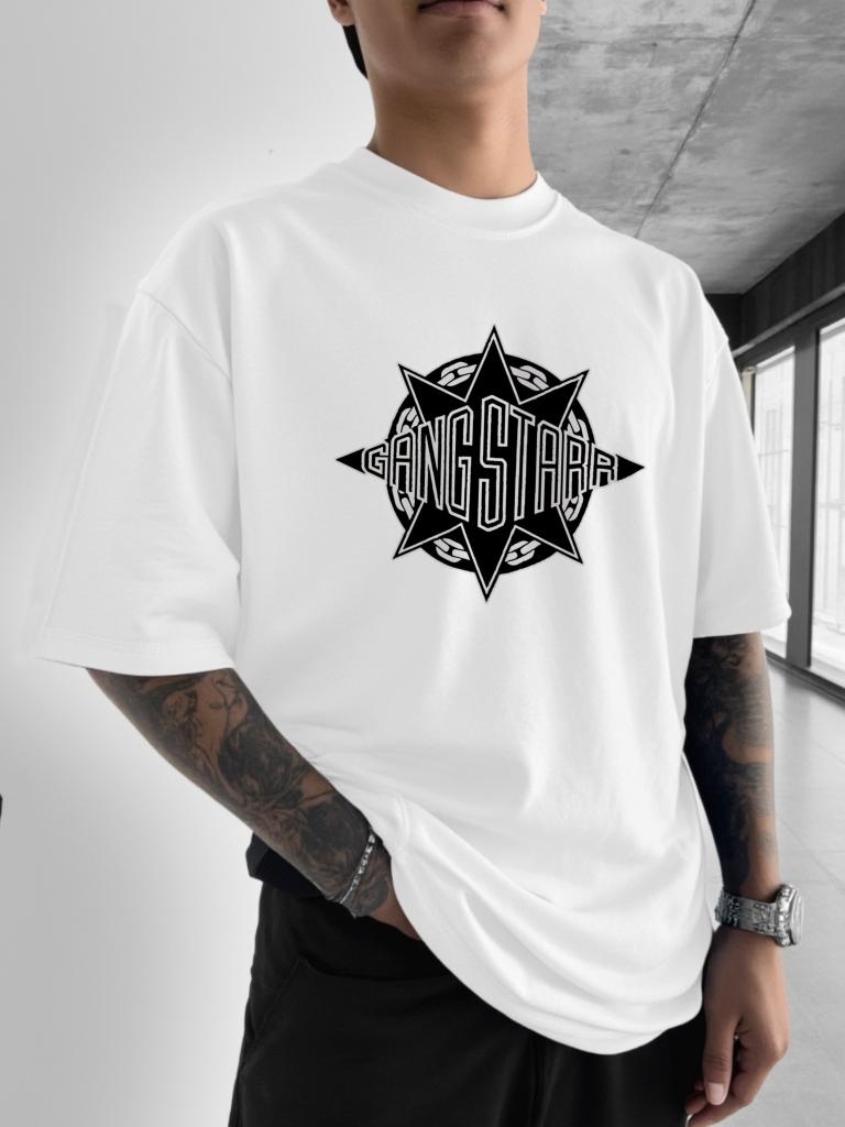 Gang Starr Logo Print T-shirt Mode Straatstijl Ster Patroon Ontwerp Heren Bedrukt Ronde Hals Korte Mouw Casual T-shirt