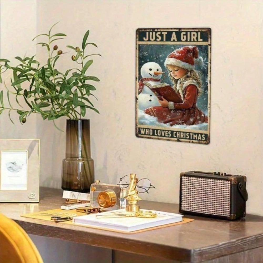 Vintage Metall Blechschild Nur Ein Mädchen Das Weihnachten Liebt Schneemann Wanddekoration Robust Retro Feiertagsdekoration 8x12 Zoll Innen Außen Einfach Aufhängen