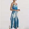 Women's Striped V-Neck Beach Dress Summer Sexy Stretchy Polyester Spandex Sleeveless Swimwear Cover Up Resort Wear Long Dress