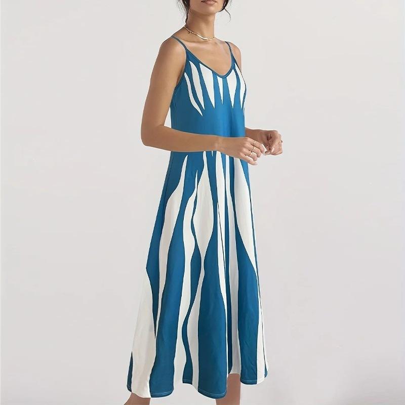 Women's Striped V-Neck Beach Dress Summer Sexy Stretchy Polyester Spandex Sleeveless Swimwear Cover Up Resort Wear Long Dress