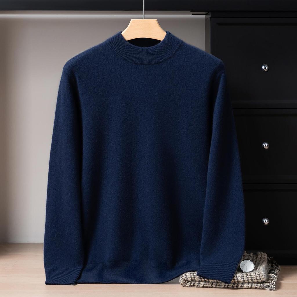 Men's 12-Gauge Double-Layer Cashmere Sweater, Half-High Collar, Long-Sleeve, Business Casual, Warm Knitted Base Layer
